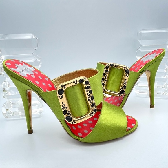 CHRISTIAN LACROIX ⚜️RARE NWT Green Satin Mule Stilettos Jeweled Gold Buckle 36.5 - Picture 2 of 15